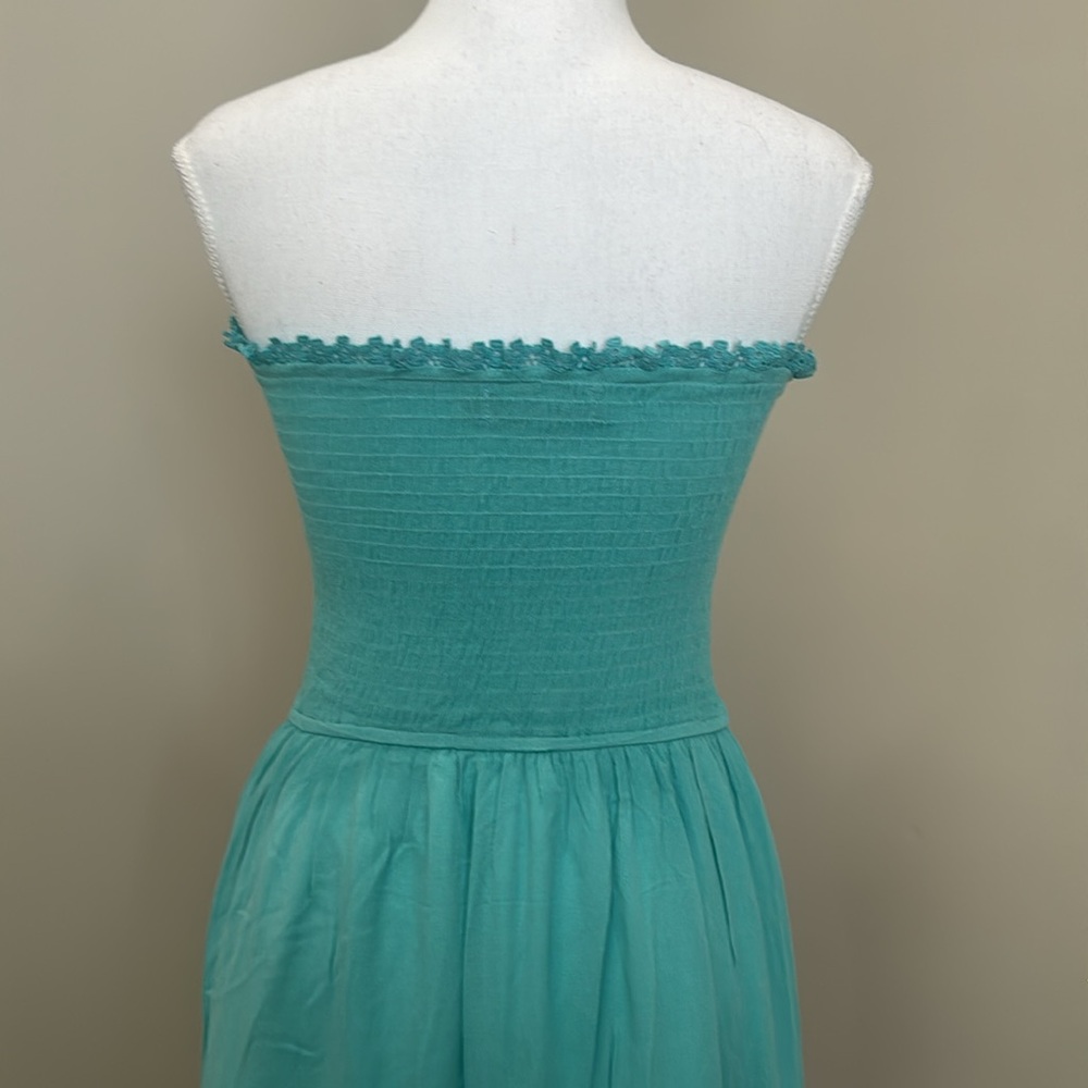Light Turqouise Blue Strapless Maxi Dress with Smocked Bodice and Full Skirt - Picture 7 of 10